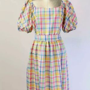 Vintage Serbin Plaid Puff Sleeve Ruffle Dress M/L